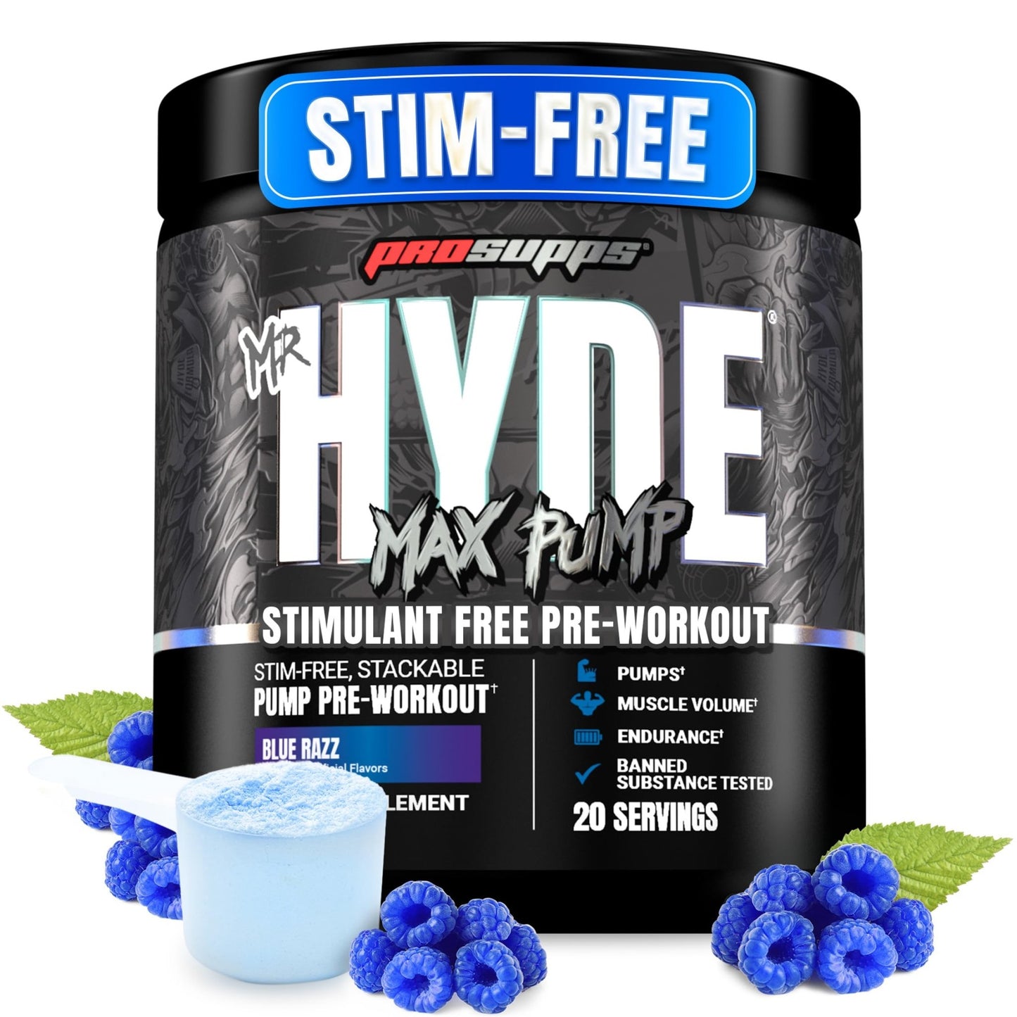 ProSupps Mr. Hyde Max Pump Pre Workout Powder - Stim-Free Preworkout Supports Blood Flow, Muscle Volume & Endurance - Caffeine-Free Nitric Oxide Gym & Fitness Supplements - dailyvitalstore