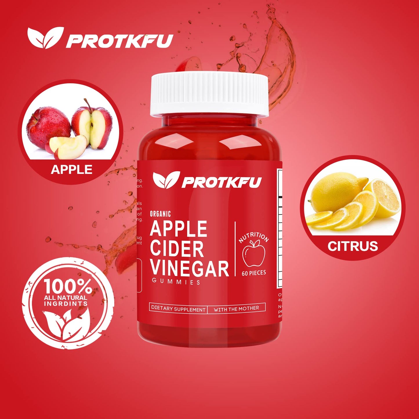 ProTKFU Apple Cider Vinegar Gummies, 120 Count Max Strength 1000mg ACV Gummies with Vitamin B12 & B6, for Metabolism, Digestion, Detox, Gut & Immune Health - dailyvitalstore