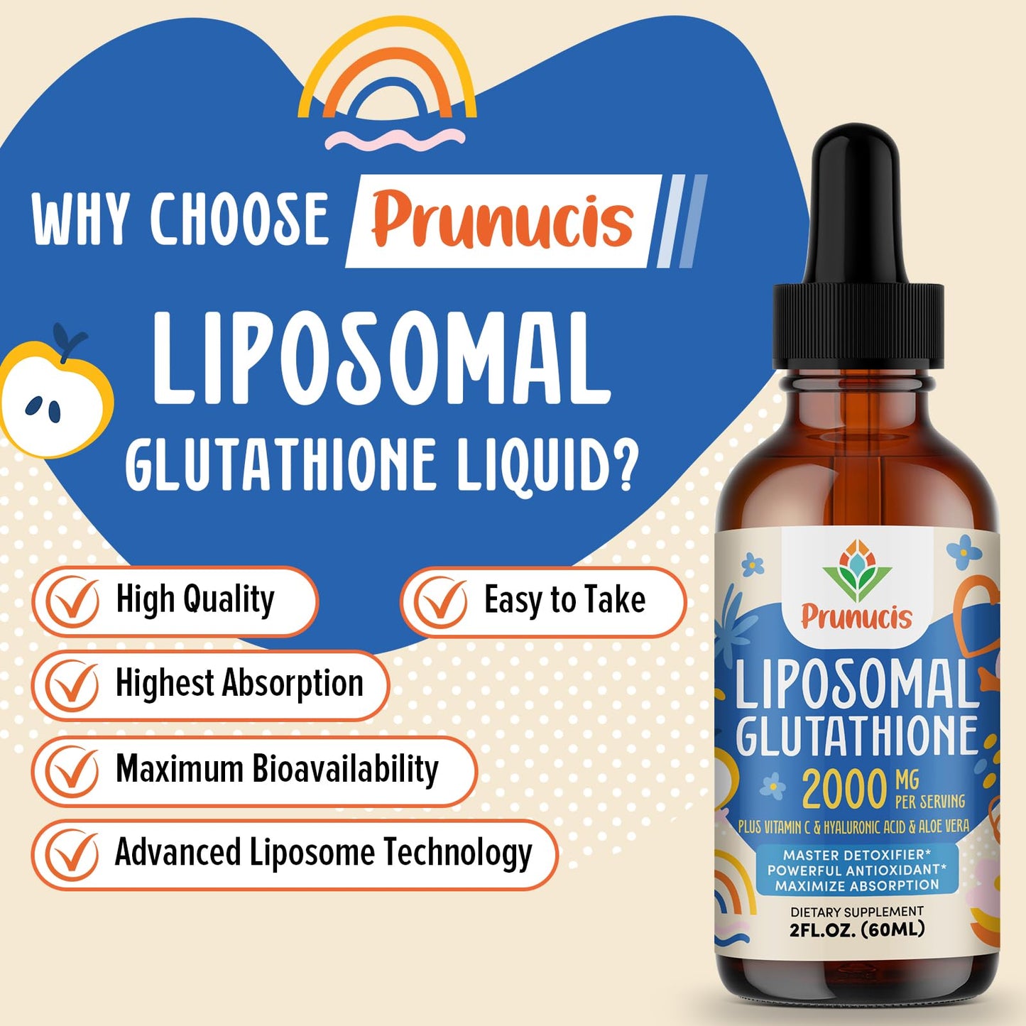 Prunucis 2000MG Liposomal Glutathione Liquid, 98% Absorption, Active Form L-Glutathione Supplement, - dailyvitalstore