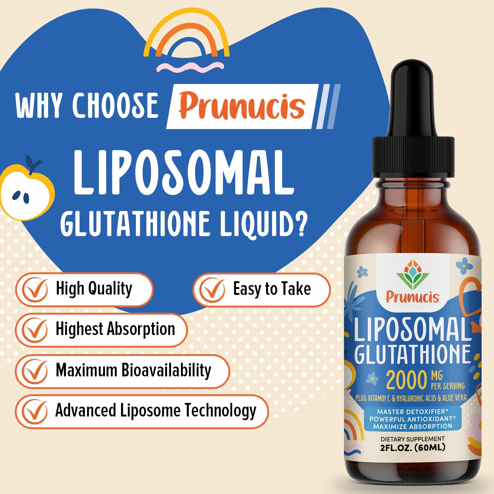 Prunucis 2000MG Liposomal Glutathione Liquid, 98% Absorption, Active Form L-Glutathione Supplement, - dailyvitalstore