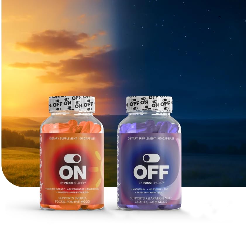 PSICÓESPACIO ON & Off Day & Night Supplement Bundle – Natural Energy with Ashwagandha + Sleep Aid with Melatonin & L-Theanine for Adults, Focus, Relaxation & Mood Support, 60 Count Each - dailyvitalstore