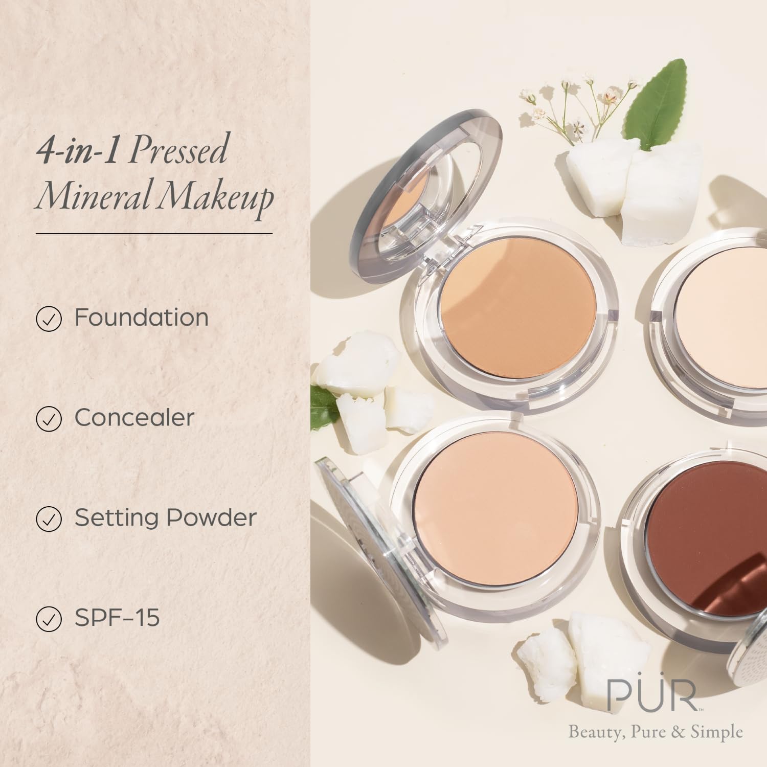 PÜR MINERALS 4-in-1 Pressed Mineral Makeup Powder Foundation with SPF 15 - Concealer & Finishing Compact Pressed Powder for Face - Buildable Medium to Full Coverage Foundation Powder (Vanilla) - dailyvitalstore