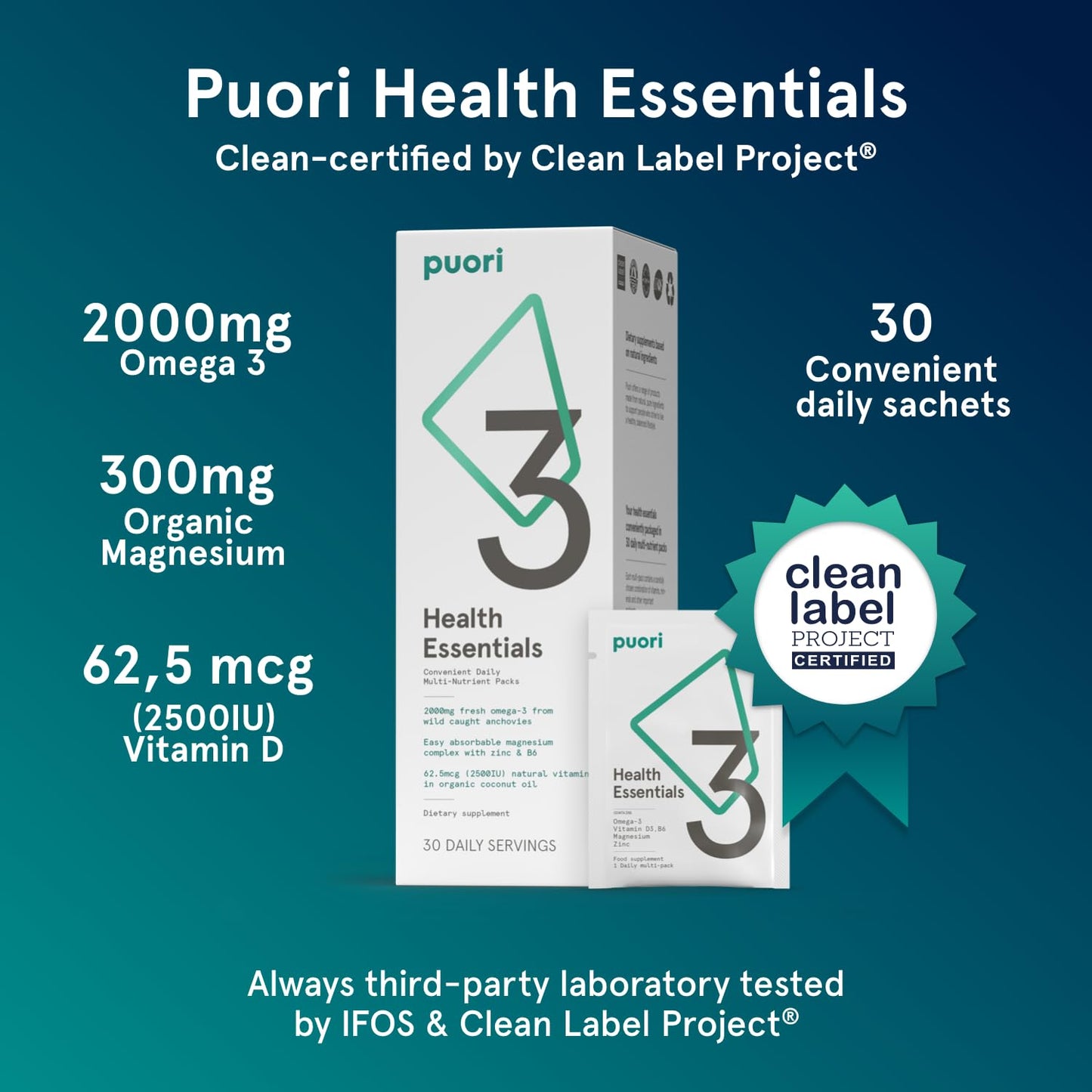 Puori P3 Health Essentials with Magnesium Zinc Complex, Omega 3 Fish Oil & Vitamin D3 Supplements - Men & Womens Daily Multi-Vitamins for Immune System Support & Overall Health - 30 Servings - dailyvitalstore