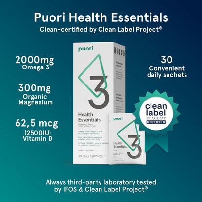 Puori P3 Health Essentials with Magnesium Zinc Complex, Omega 3 Fish Oil & Vitamin D3 Supplements - Men & Womens Daily Multi-Vitamins for Immune System Support & Overall Health - 30 Servings - dailyvitalstore