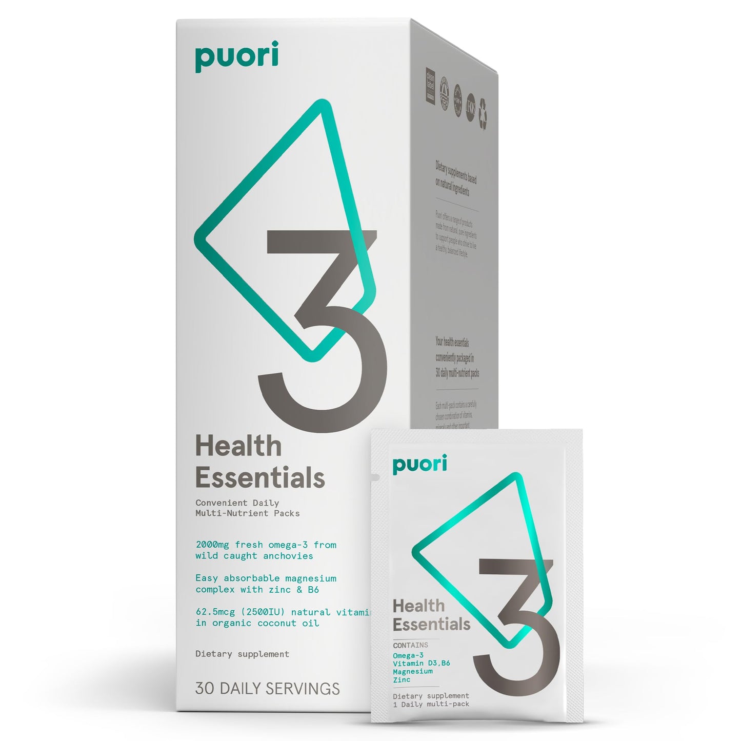 Puori P3 Health Essentials with Magnesium Zinc Complex, Omega 3 Fish Oil & Vitamin D3 Supplements - Men & Womens Daily Multi-Vitamins for Immune System Support & Overall Health - 30 Servings - dailyvitalstore