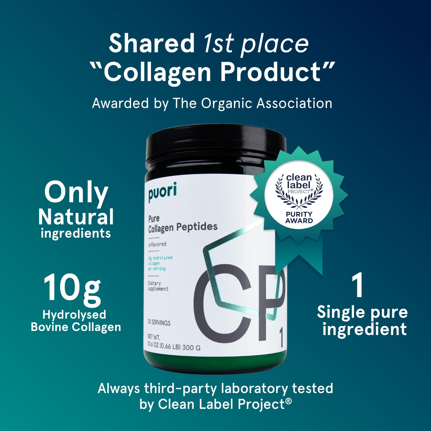 Puori Pure Collagen Peptides Powder, Unflavored - 10g of Grass-Fed Hydrolyzed Bovine Collagen Supports Skin Health, Hair & Nail Strength, Joint Pain & Mobility Support - 30 Servings - dailyvitalstore