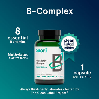 Puori Pure Energy Vitamin B-Complex with 8 Essential Vitamins - Active & Methylated B Vitamins (Thiamin, Riboflavin, Niacin, B6, Folate & B12) - Biotin, Inositol, Pantothenic Acid & Choline - dailyvitalstore