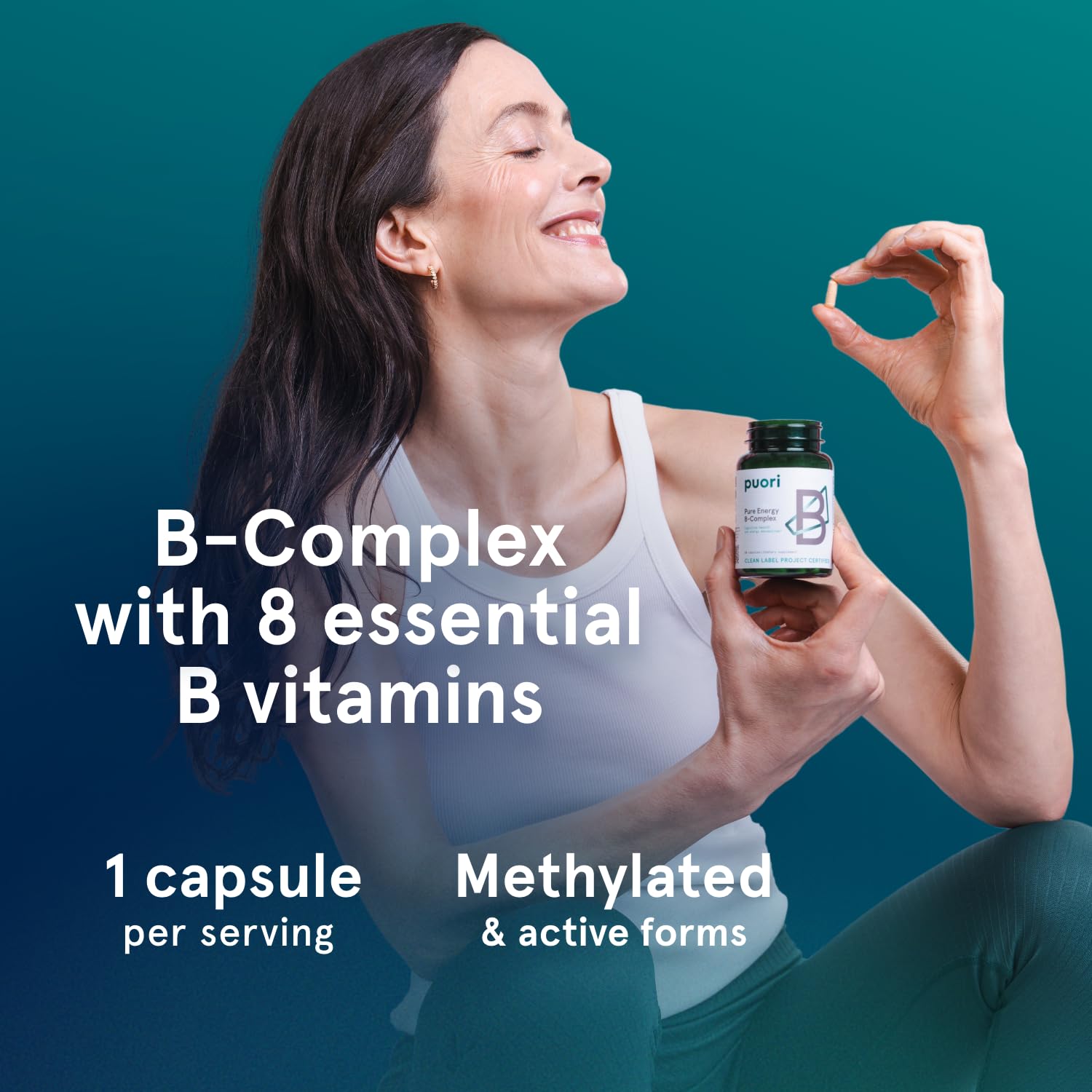 Puori Pure Energy Vitamin B-Complex with 8 Essential Vitamins - Active & Methylated B Vitamins (Thiamin, Riboflavin, Niacin, B6, Folate & B12) - Biotin, Inositol, Pantothenic Acid & Choline - dailyvitalstore