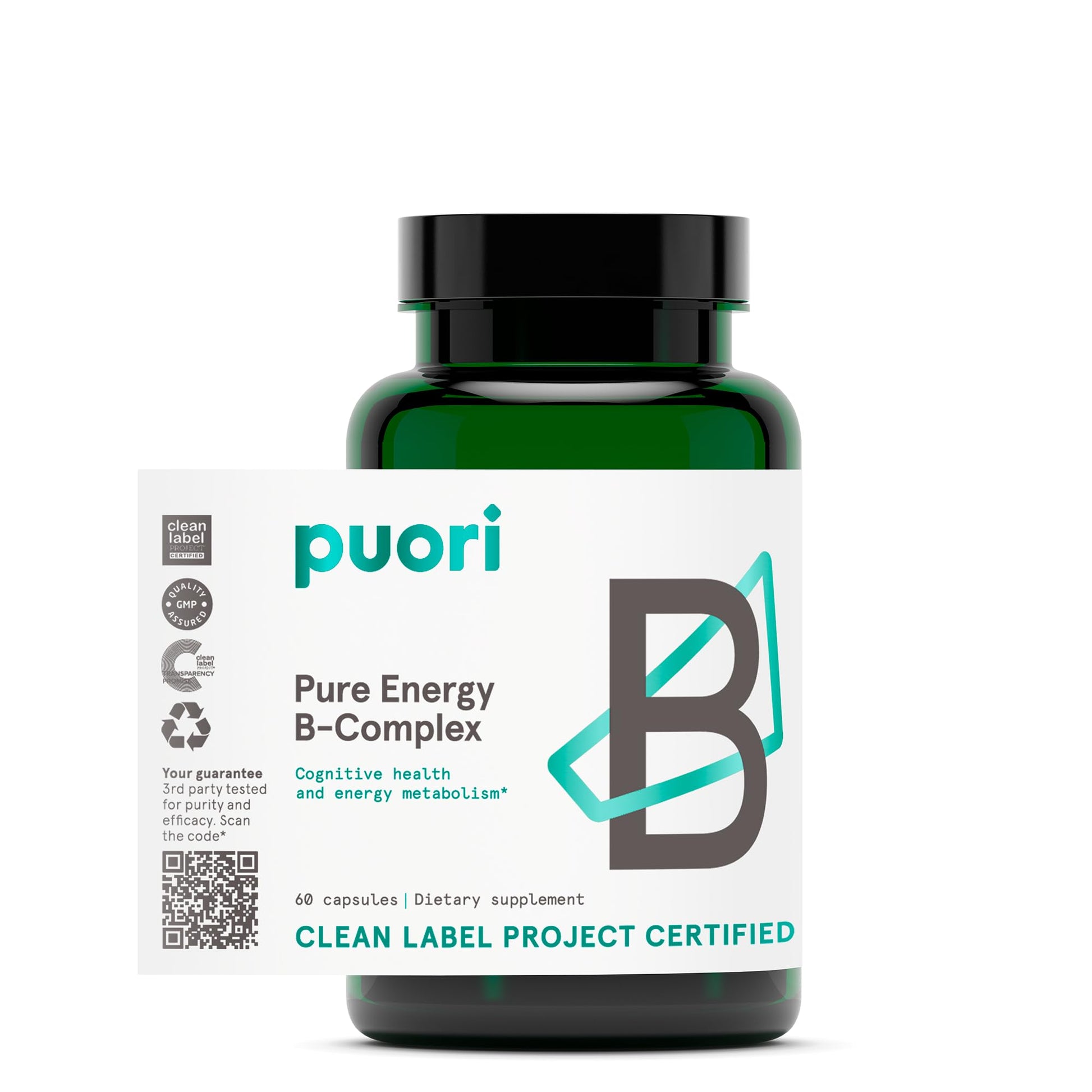 Puori Pure Energy Vitamin B-Complex with 8 Essential Vitamins - Active & Methylated B Vitamins (Thiamin, Riboflavin, Niacin, B6, Folate & B12) - Biotin, Inositol, Pantothenic Acid & Choline - dailyvitalstore