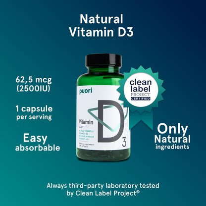 Puori Vitamin D3 Softgels, 2500 IU (62.5 mcg) - Fast Absorbing Vitamin D3 Supplements for Immune System Support, Bone Health & Density and Healthy Muscle Functions - Non-GMO & Gluten-Free - 120 Count - dailyvitalstore