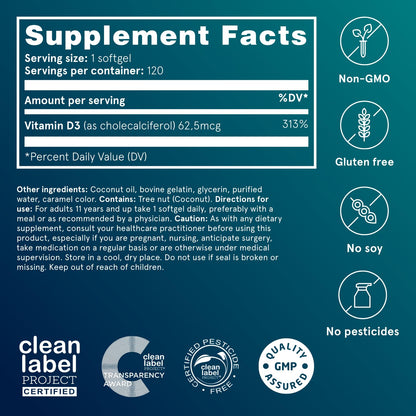 Puori Vitamin D3 Softgels, 2500 IU (62.5 mcg) - Fast Absorbing Vitamin D3 Supplements for Immune System Support, Bone Health & Density and Healthy Muscle Functions - Non-GMO & Gluten-Free - 120 Count - dailyvitalstore