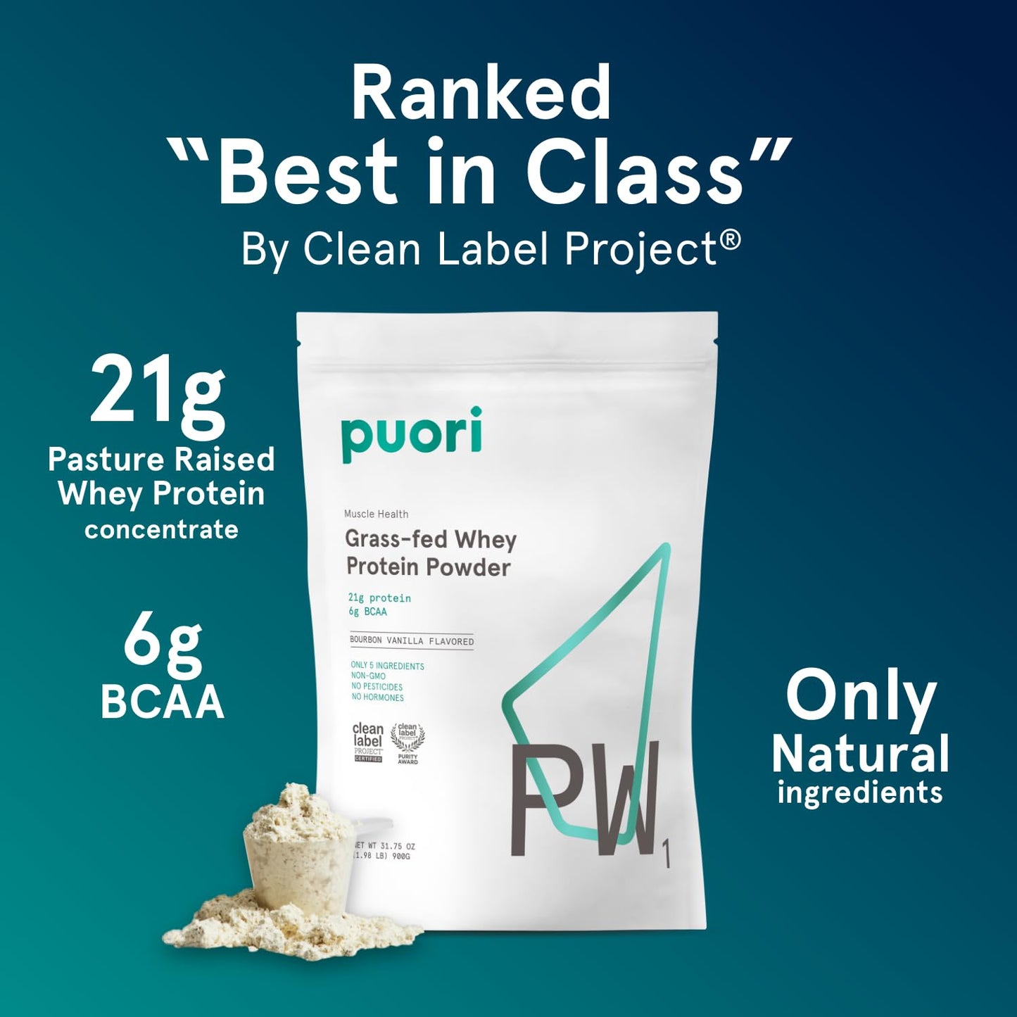 Puori Whey Protein Powder, Bourbon Vanilla - PW1 Pasture-Raised, Grass-Fed Whey Protein Powder Drink Mix containing BCAA Amino Acids - Post-Workout Supplement - dailyvitalstore
