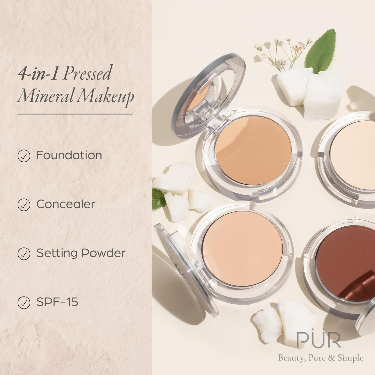 PUR Beauty 4-in-1 Pressed Mineral Makeup Powder Foundation with SPF 15 - Concealer & Finishing Compact Pressed Powder for Face - Buildable Medium to Full Coverage Foundation Powder (Blush Medium) - dailyvitalstore
