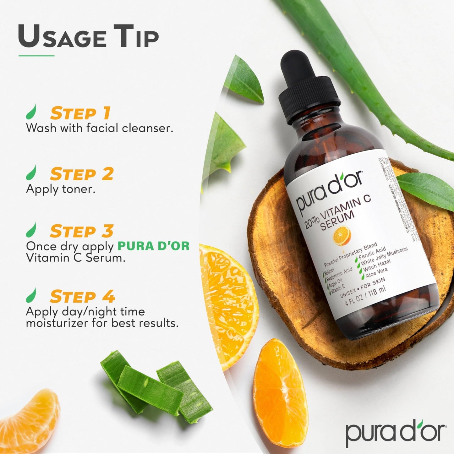 PURA D'OR 20% Vitamin C Facial Serum 4 Oz Antioxidant Blend w/Retinol, Hyaluronic Acid, Vitamin E, Ferulic Acid - Hydrating Lightweight Skincare Formula - dailyvitalstore
