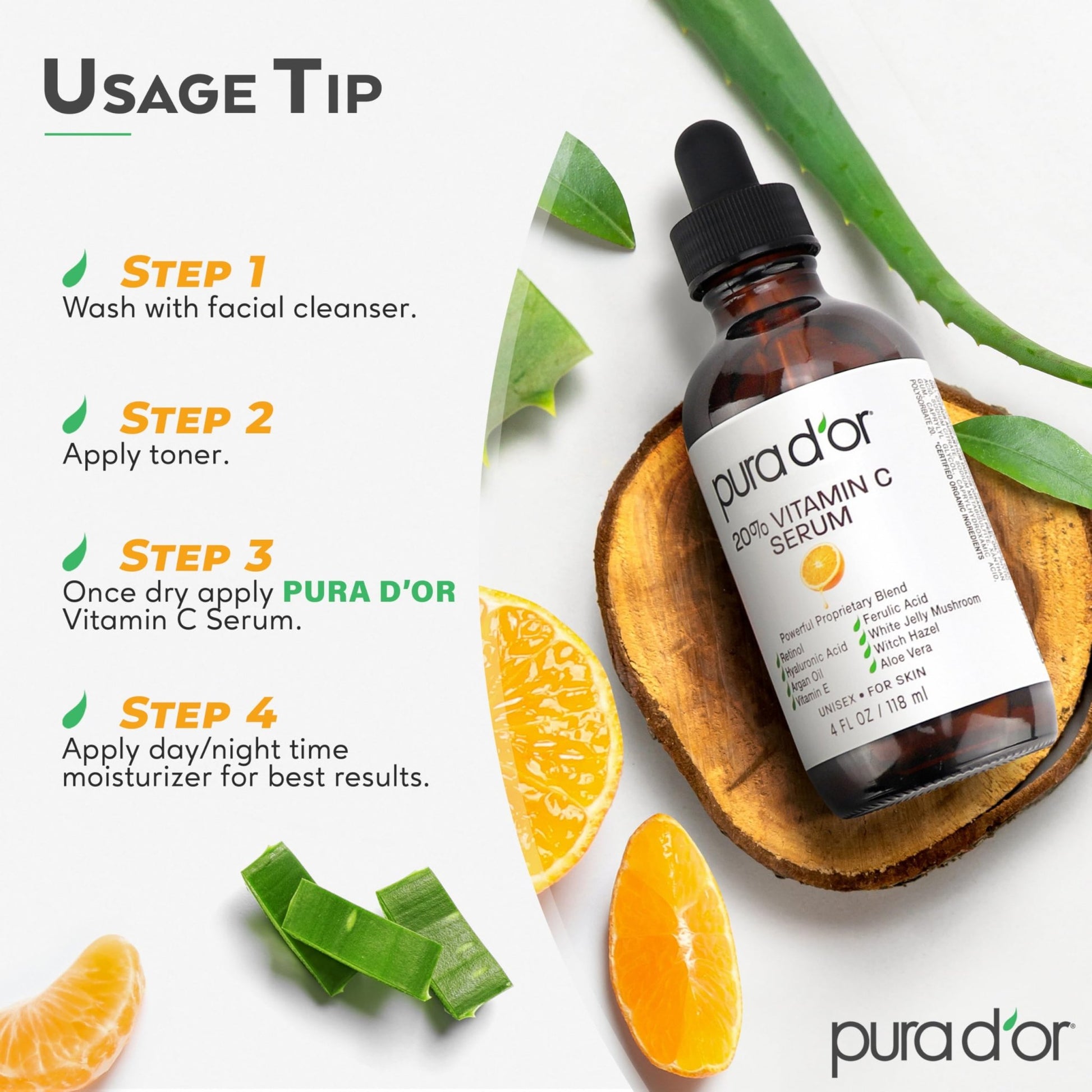 PURA D'OR 20% Vitamin C Facial Serum 4 Oz Antioxidant Blend w/Retinol, Hyaluronic Acid, Vitamin E, Ferulic Acid - Hydrating Lightweight Skincare Formula - dailyvitalstore