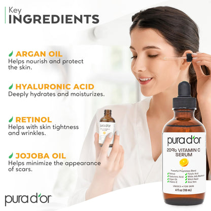 PURA D'OR 20% Vitamin C Facial Serum 4 Oz Antioxidant Blend w/Retinol, Hyaluronic Acid, Vitamin E, Ferulic Acid - Hydrating Lightweight Skincare Formula - dailyvitalstore