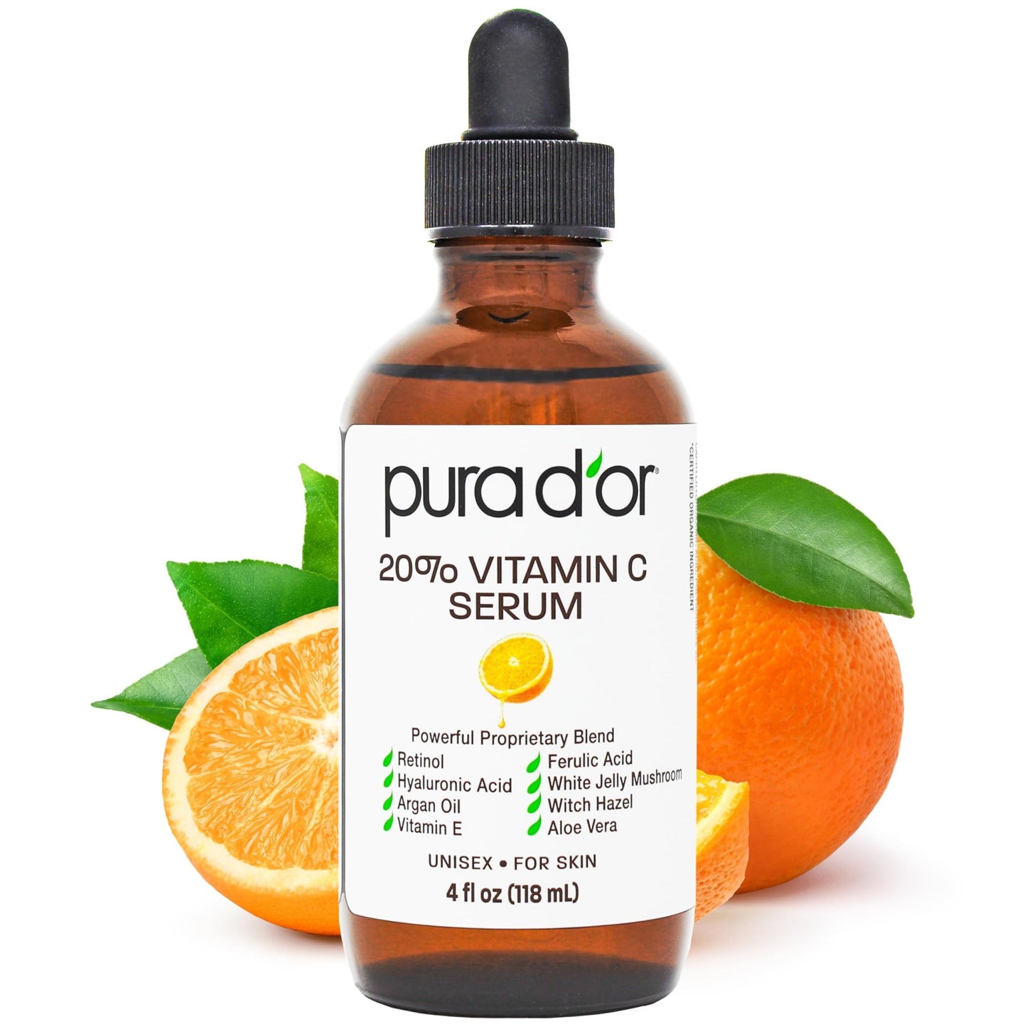 PURA D'OR 20% Vitamin C Facial Serum 4 Oz Antioxidant Blend w/Retinol, Hyaluronic Acid, Vitamin E, Ferulic Acid - Hydrating Lightweight Skincare Formula - dailyvitalstore