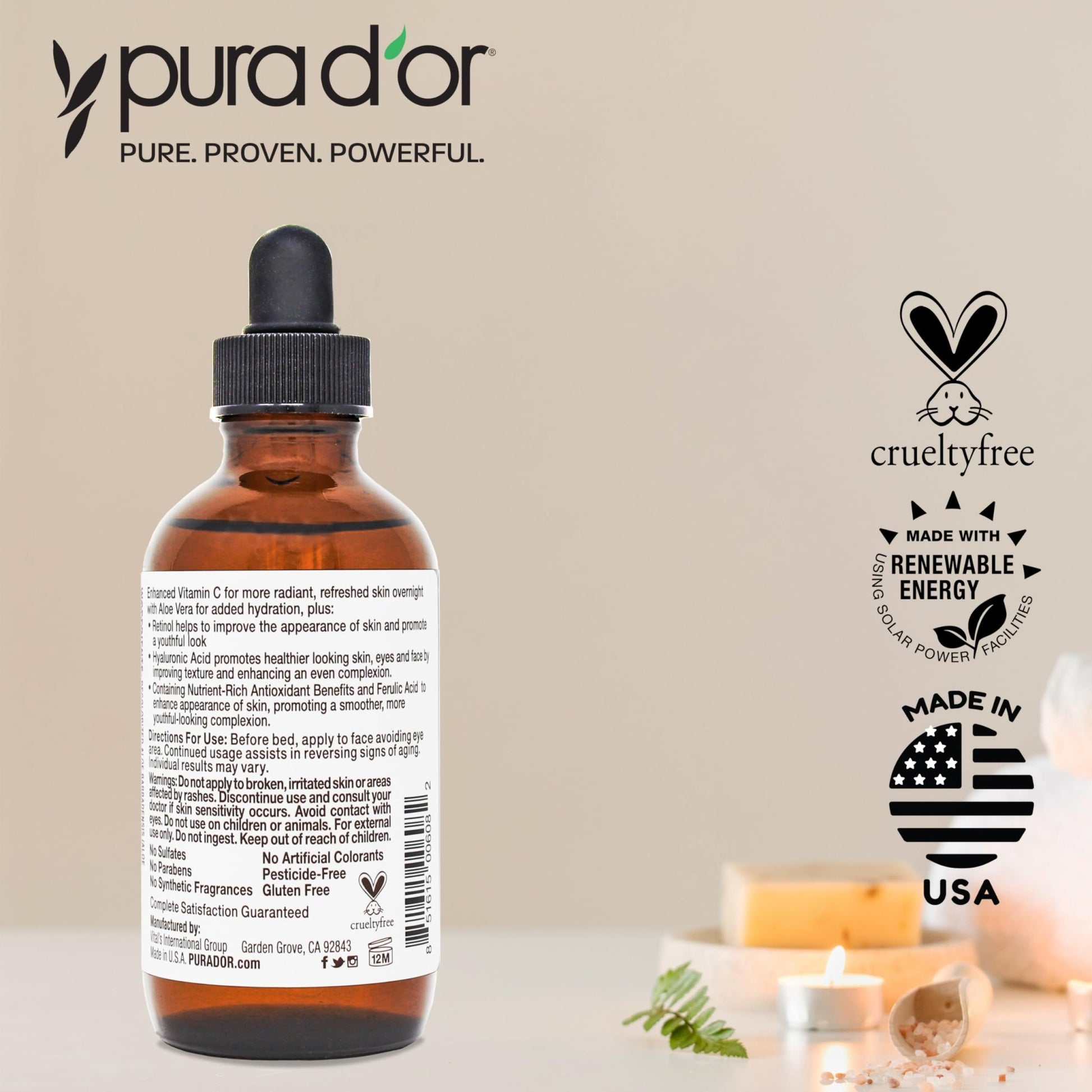 PURA D'OR 20% Vitamin C Facial Serum 4 Oz Antioxidant Blend w/Retinol, Hyaluronic Acid, Vitamin E, Ferulic Acid - Hydrating Lightweight Skincare Formula - dailyvitalstore