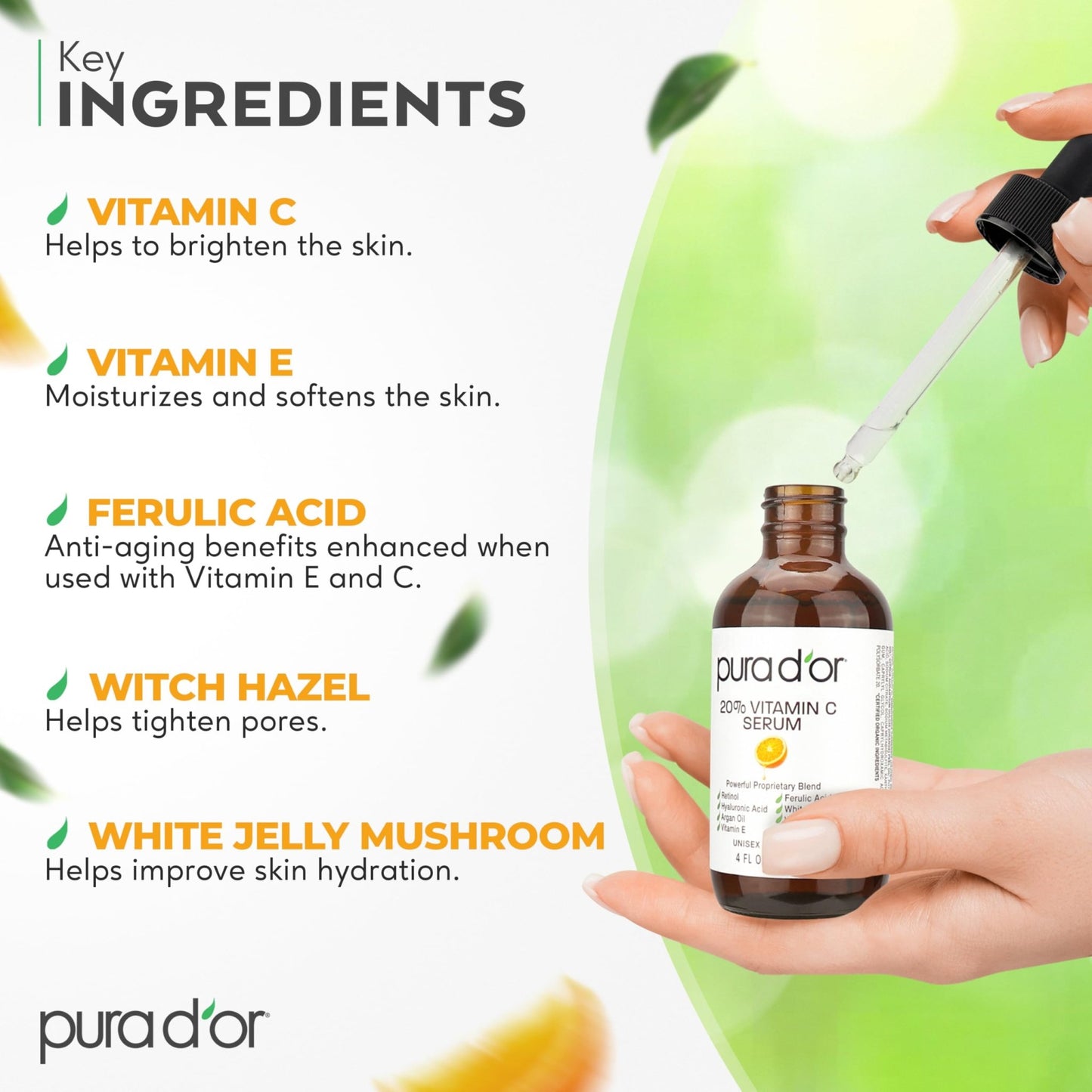 PURA D'OR 20% Vitamin C Facial Serum 4 Oz Antioxidant Blend w/Retinol, Hyaluronic Acid, Vitamin E, Ferulic Acid - Hydrating Lightweight Skincare Formula - dailyvitalstore