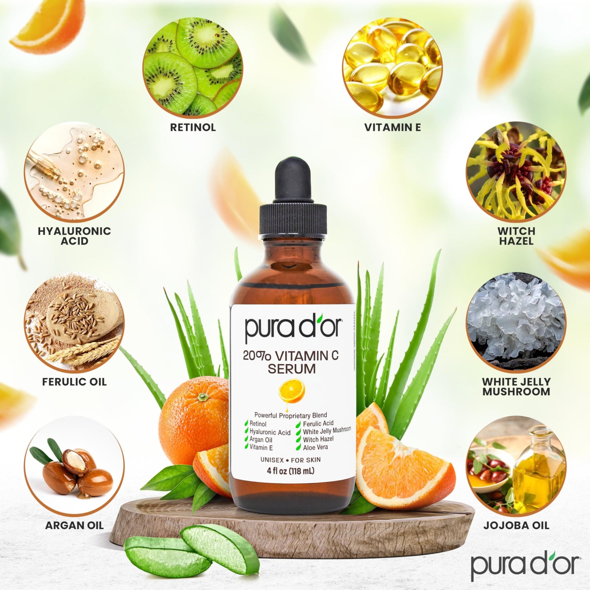 PURA D'OR 20% Vitamin C Facial Serum 4 Oz Antioxidant Blend w/Retinol, Hyaluronic Acid, Vitamin E, Ferulic Acid - Hydrating Lightweight Skincare Formula - dailyvitalstore