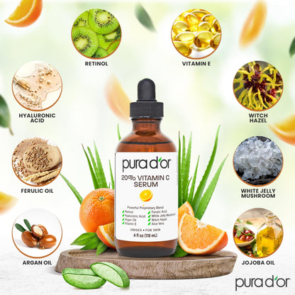 PURA D'OR 20% Vitamin C Facial Serum 4 Oz Antioxidant Blend w/Retinol, Hyaluronic Acid, Vitamin E, Ferulic Acid - Hydrating Lightweight Skincare Formula - dailyvitalstore