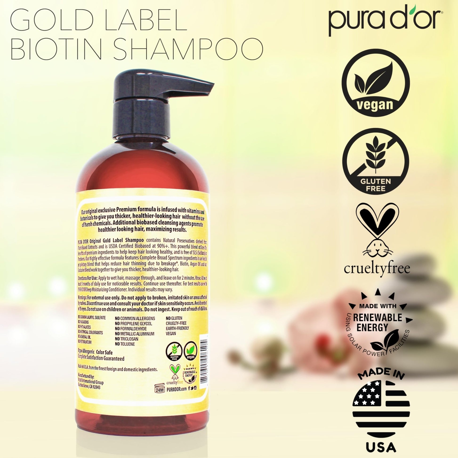 PURA D'OR Original Gold Label Anti-Thinning Shampoo - CLINICALLY TESTED - Biotin & Argan Oil – Sulfate-Free Strengthening & Volumizing for Fuller-Looking Hair, - dailyvitalstore