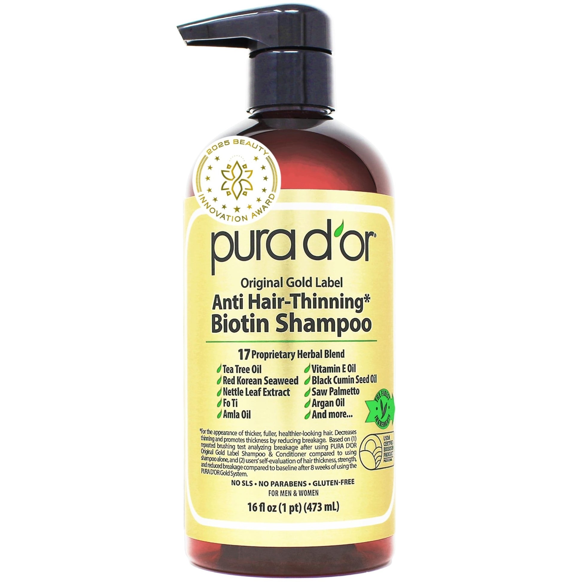 PURA D'OR Original Gold Label Anti-Thinning Shampoo - CLINICALLY TESTED - Biotin & Argan Oil – Sulfate-Free Strengthening & Volumizing for Fuller-Looking Hair, - dailyvitalstore