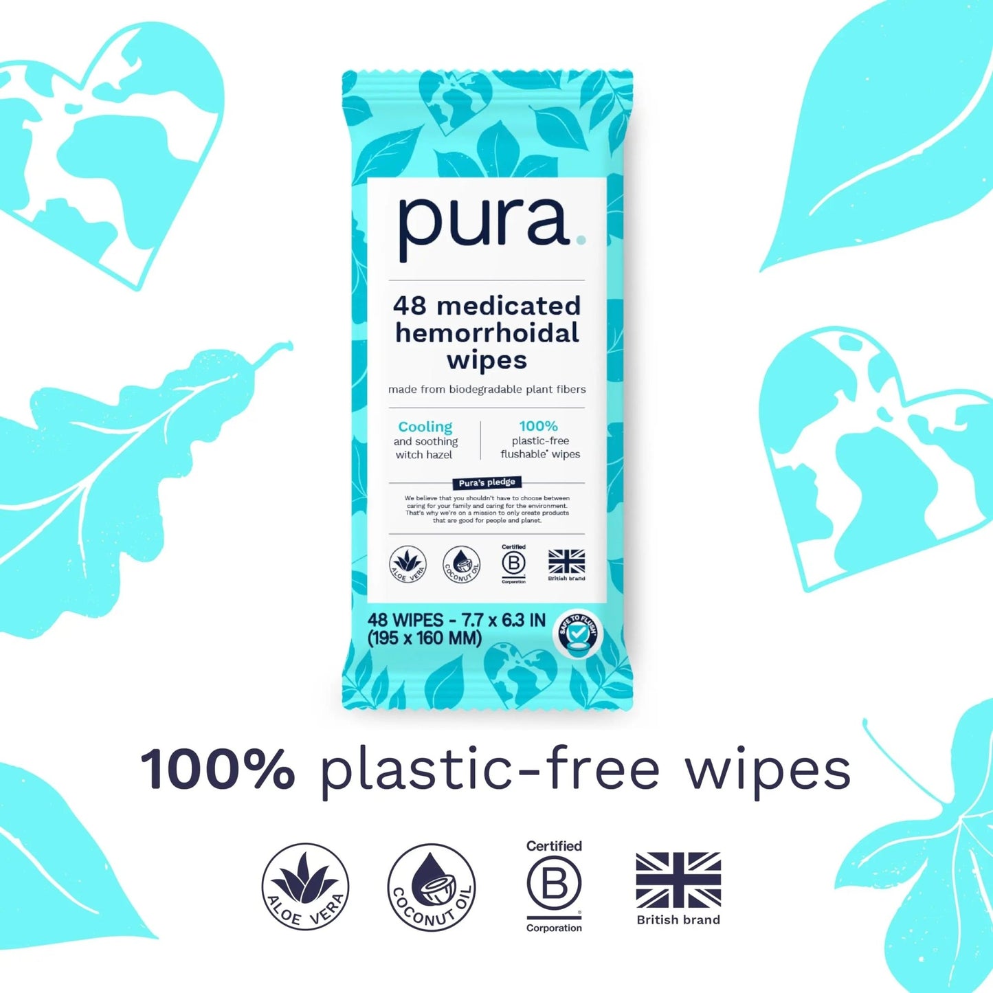 Pura Flushable Hemorrhoid Wipes XL, 48 Count, Medicated with Cooling Witch Hazel, Aloe & Coconut Oil, Fast Relief, Fragrance-Free, 100% Plastic-Free - dailyvitalstore