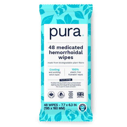 Pura Flushable Hemorrhoid Wipes XL, 48 Count, Medicated with Cooling Witch Hazel, Aloe & Coconut Oil, Fast Relief, Fragrance-Free, 100% Plastic-Free - dailyvitalstore