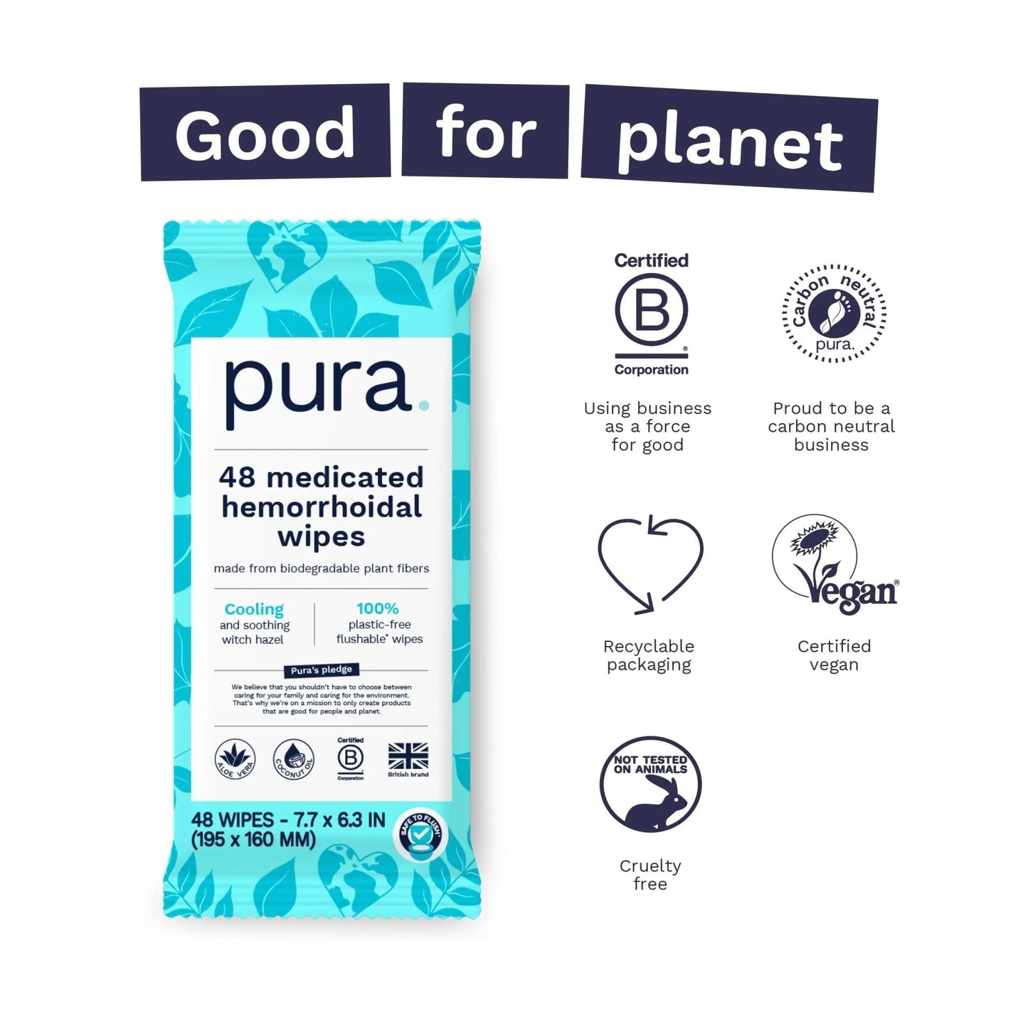 Pura Flushable Hemorrhoid Wipes XL, 48 Count, Medicated with Cooling Witch Hazel, Aloe & Coconut Oil, Fast Relief, Fragrance-Free, 100% Plastic-Free - dailyvitalstore