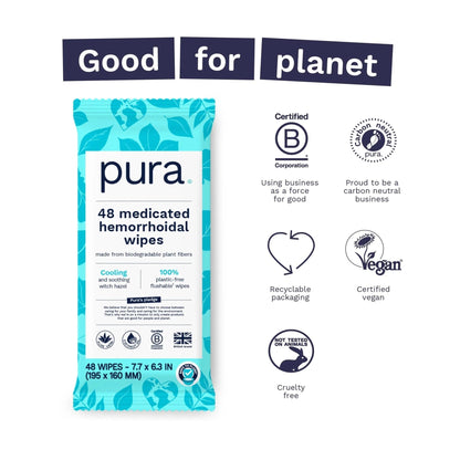 Pura Flushable Hemorrhoid Wipes XL, 48 Count, Medicated with Cooling Witch Hazel, Aloe & Coconut Oil, Fast Relief, Fragrance-Free, 100% Plastic-Free - dailyvitalstore