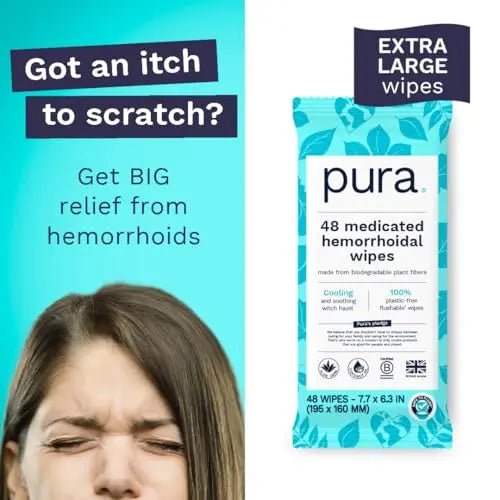 Pura Flushable Hemorrhoid Wipes XL, 48 Count, Medicated with Cooling Witch Hazel, Aloe & Coconut Oil, Fast Relief, Fragrance-Free, 100% Plastic-Free - dailyvitalstore