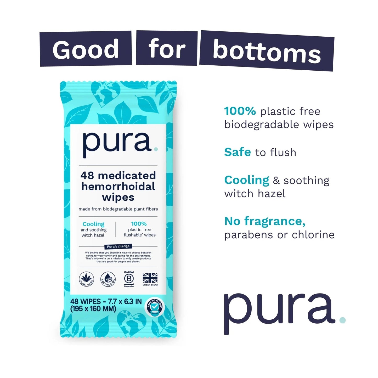 Pura Flushable Hemorrhoid Wipes XL, 48 Count, Medicated with Cooling Witch Hazel, Aloe & Coconut Oil, Fast Relief, Fragrance-Free, 100% Plastic-Free - dailyvitalstore
