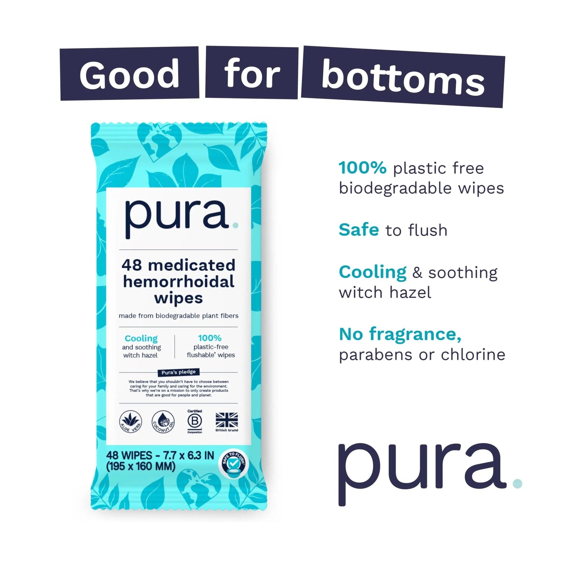 Pura Flushable Hemorrhoid Wipes XL, 48 Count, Medicated with Cooling Witch Hazel, Aloe & Coconut Oil, Fast Relief, Fragrance-Free, 100% Plastic-Free - dailyvitalstore