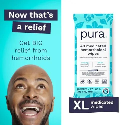 Pura Flushable Hemorrhoid Wipes XL, 48 Count, Medicated with Cooling Witch Hazel, Aloe & Coconut Oil, Fast Relief, Fragrance-Free, 100% Plastic-Free - dailyvitalstore