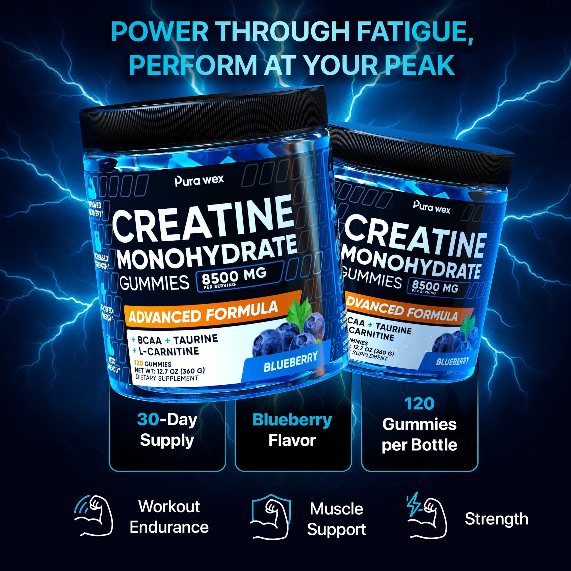PURA WEX NUTRITION Creatine Monohydrate Gummies 8500mg Complex for Men & Women - Pre Workout Creatine Chews for Muscle Growth, Strength & Energy, - dailyvitalstore