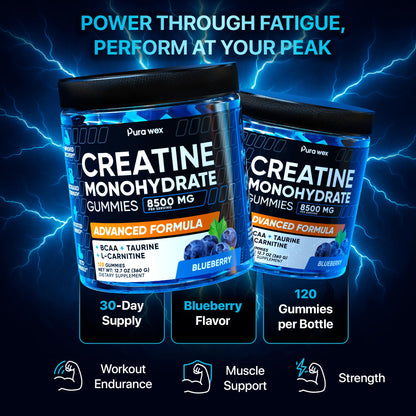 PURA WEX NUTRITION Creatine Monohydrate Gummies 8500mg Complex for Men & Women - Pre Workout Creatine Chews for Muscle Growth, Strength & Energy, - dailyvitalstore