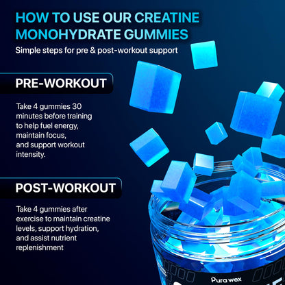 PURA WEX NUTRITION Creatine Monohydrate Gummies 8500mg Complex for Men & Women - Pre Workout Creatine Chews for Muscle Growth, Strength & Energy, - dailyvitalstore