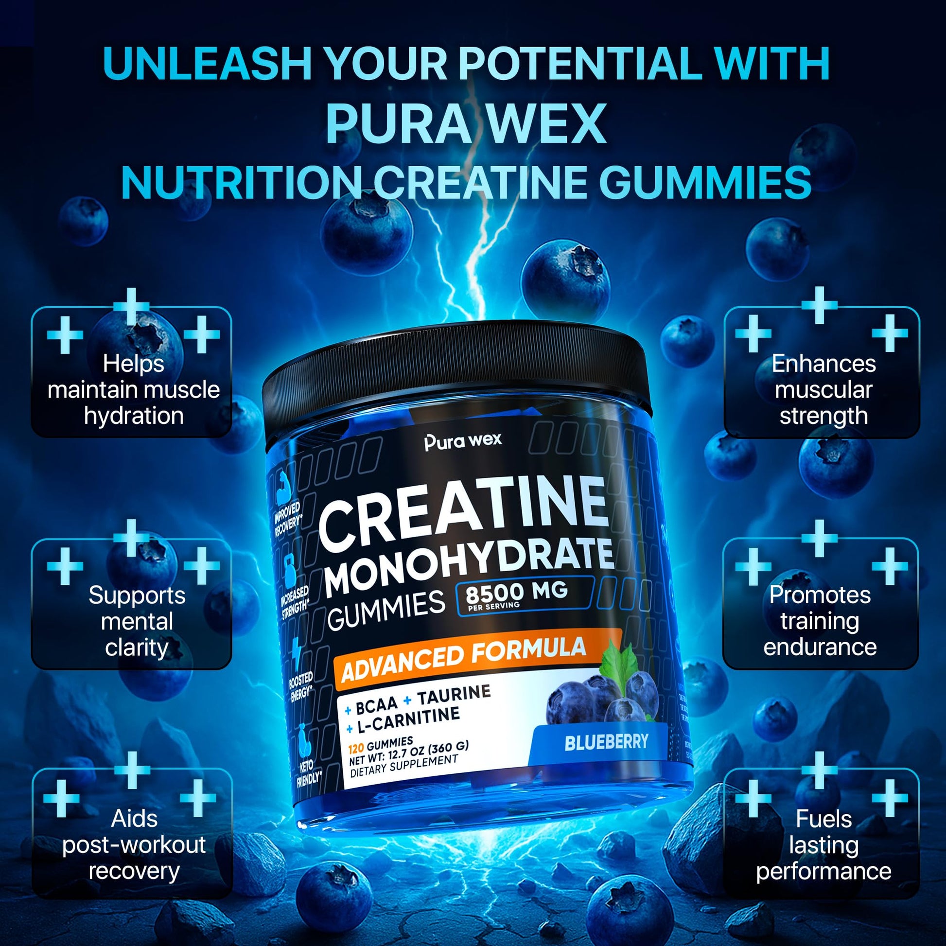 PURA WEX NUTRITION Creatine Monohydrate Gummies 8500mg Complex for Men & Women - Pre Workout Creatine Chews for Muscle Growth, Strength & Energy, - dailyvitalstore