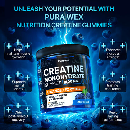 PURA WEX NUTRITION Creatine Monohydrate Gummies 8500mg Complex for Men & Women - Pre Workout Creatine Chews for Muscle Growth, Strength & Energy, - dailyvitalstore
