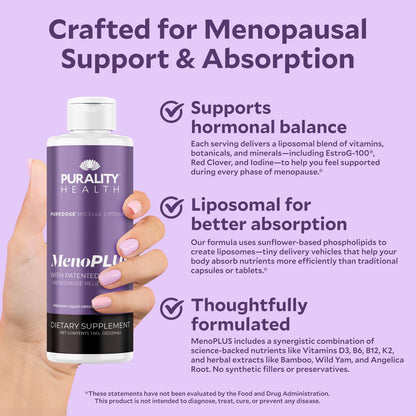 PURALITY HEALTH MenoPLUS Liposomal Menopause Supplement for Women | EstroG-100®, Vitamins D3, B6, B12 & K2 | Iodine | Hormonal Balance & Mood Support - dailyvitalstore