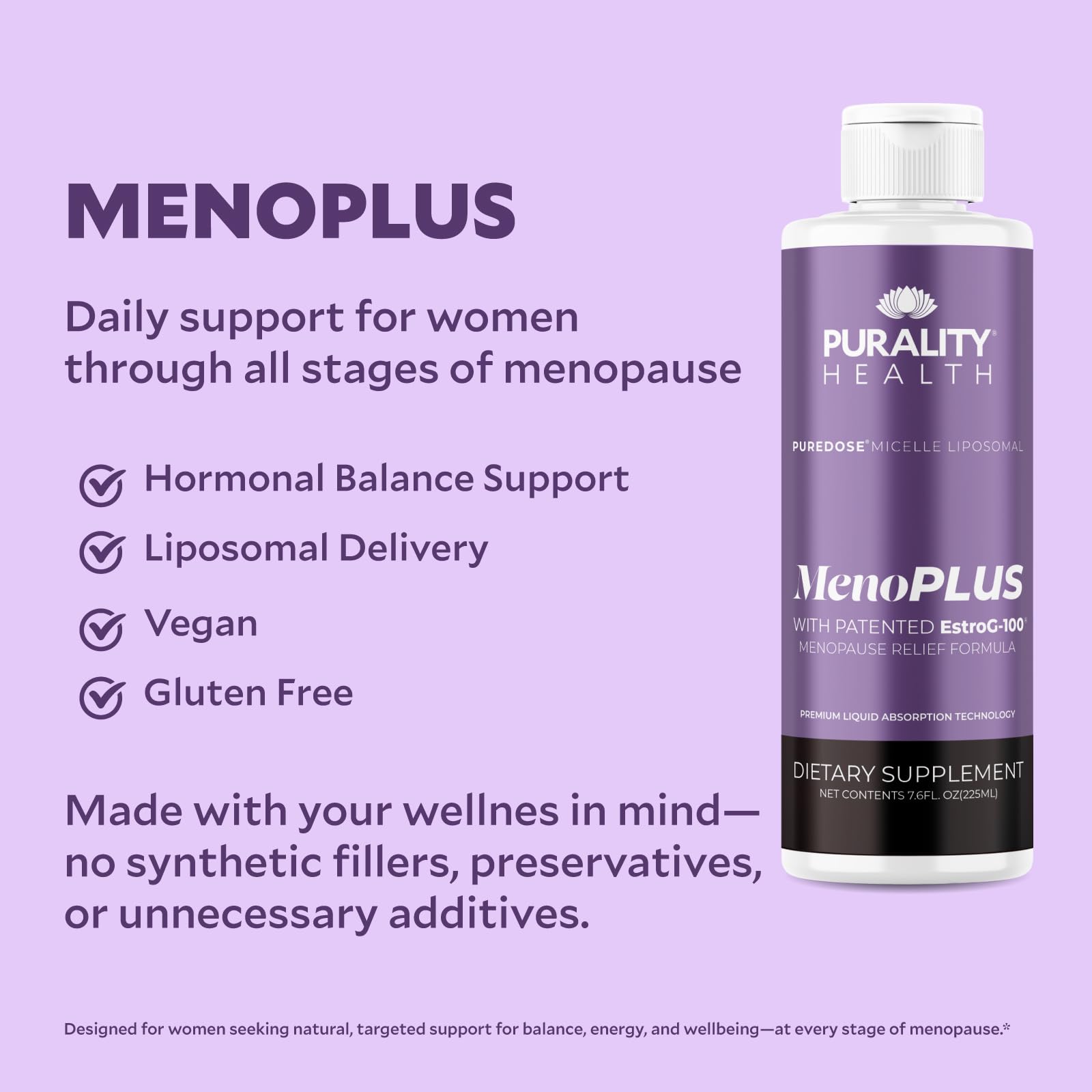 PURALITY HEALTH MenoPLUS Liposomal Menopause Supplement for Women | EstroG-100®, Vitamins D3, B6, B12 & K2 | Iodine | Hormonal Balance & Mood Support - dailyvitalstore