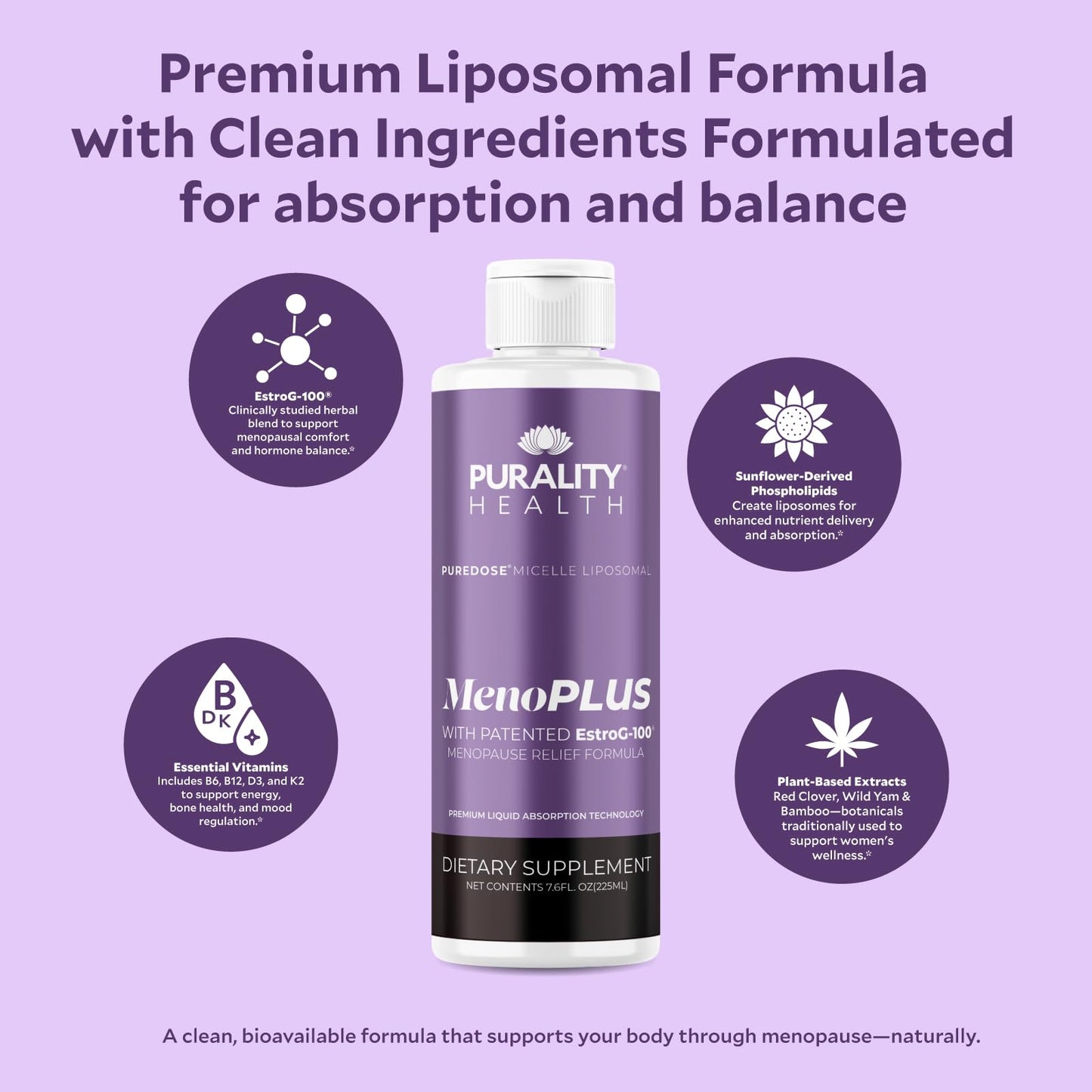 PURALITY HEALTH MenoPLUS Liposomal Menopause Supplement for Women | EstroG-100®, Vitamins D3, B6, B12 & K2 | Iodine | Hormonal Balance & Mood Support - dailyvitalstore