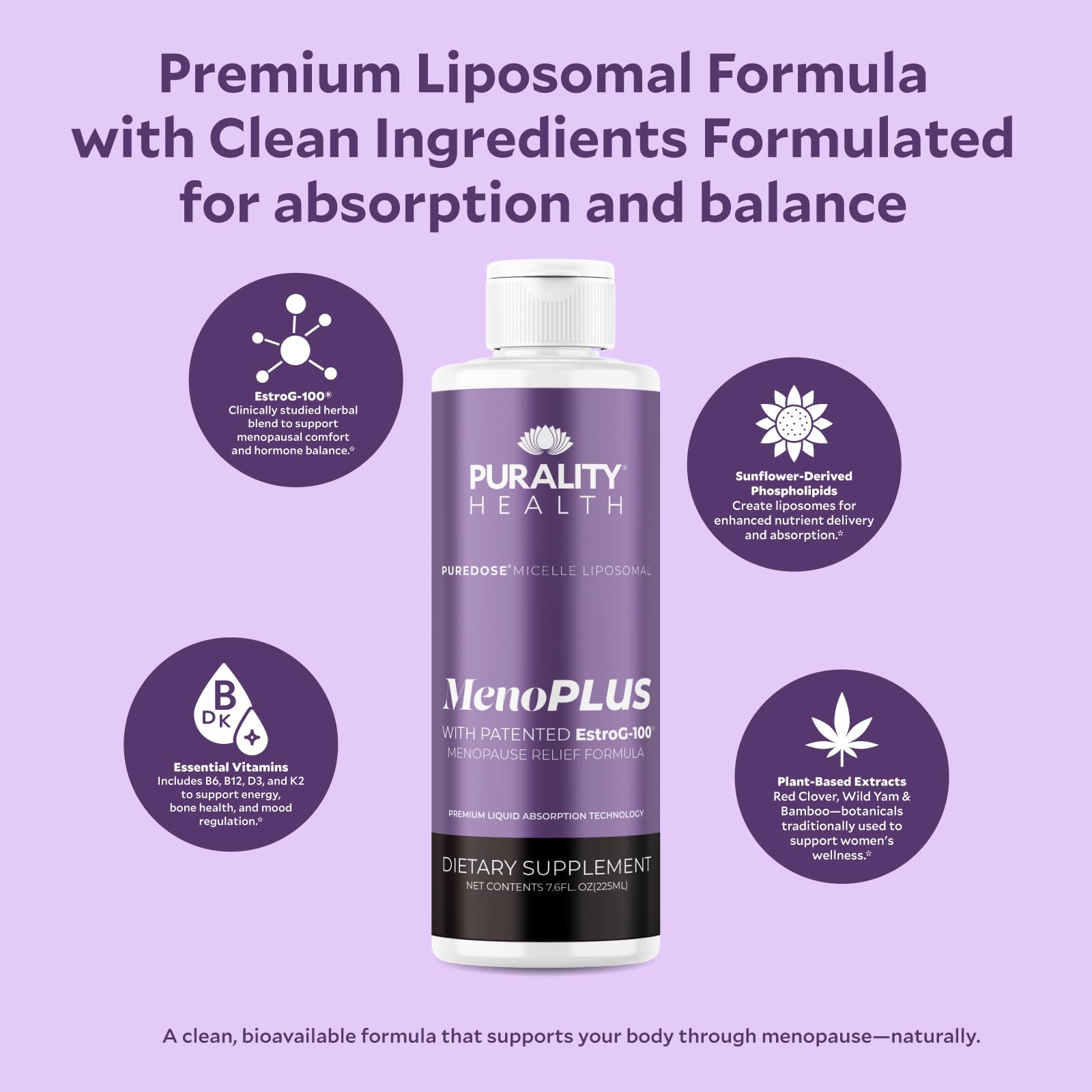 PURALITY HEALTH MenoPLUS Liposomal Menopause Supplement for Women | EstroG-100®, Vitamins D3, B6, B12 & K2 | Iodine | Hormonal Balance & Mood Support - dailyvitalstore