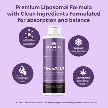 PURALITY HEALTH MenoPLUS Liposomal Menopause Supplement for Women | EstroG-100®, Vitamins D3, B6, B12 & K2 | Iodine | Hormonal Balance & Mood Support - dailyvitalstore
