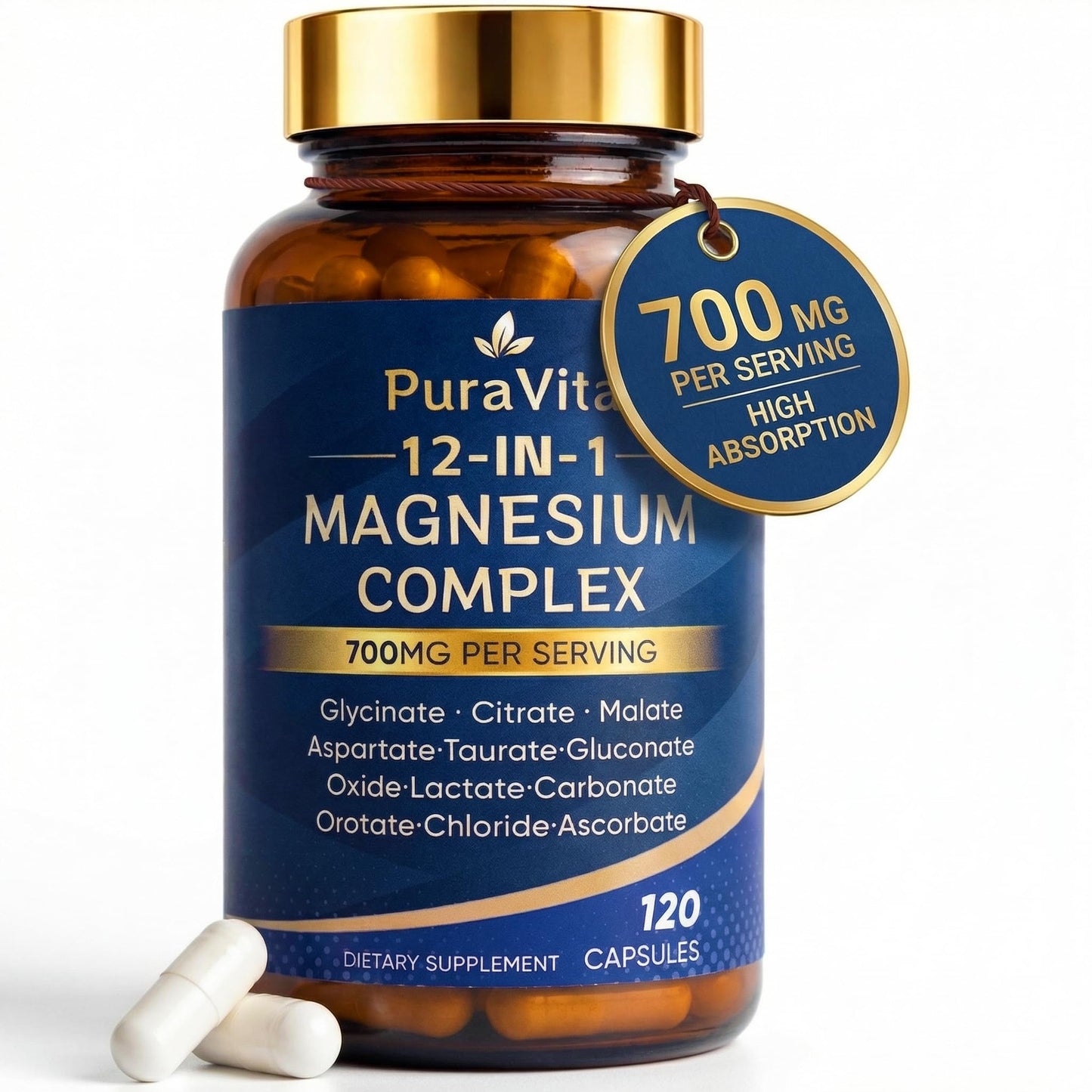 Puravita 12 in 1 Magnesium, Magnesium Complex for Women Men, 700mg High Absorption, Glycinate, Citrate, Malate, Oxide, Taurat, Relaxation & Energy Support, Vegan 120 Capsules (A) - dailyvitalstore