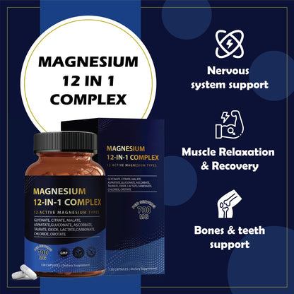 Puravita Magnesium Complex 700mg 12 in 1 Magnesium Supplement with Glycinate, Citrate, Malate & More | Easy Absorption, Energy Support, Vegan & Non-GMO | 120 Capsules (1pc) - dailyvitalstore