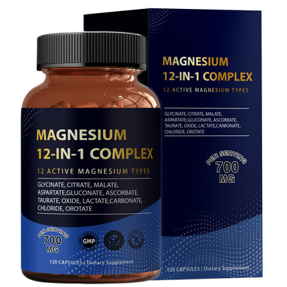 Puravita Magnesium Complex 700mg 12 in 1 Magnesium Supplement with Glycinate, Citrate, Malate & More | Easy Absorption, Energy Support, Vegan & Non-GMO | 120 Capsules (1pc) - dailyvitalstore