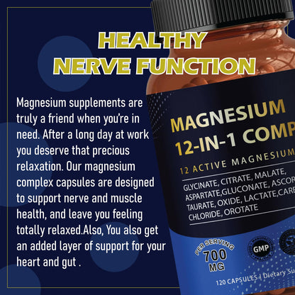 Puravita Magnesium Complex 700mg 12 in 1 Magnesium Supplement with Glycinate, Citrate, Malate & More | Easy Absorption, Energy Support, Vegan & Non-GMO | 120 Capsules (1pc) - dailyvitalstore
