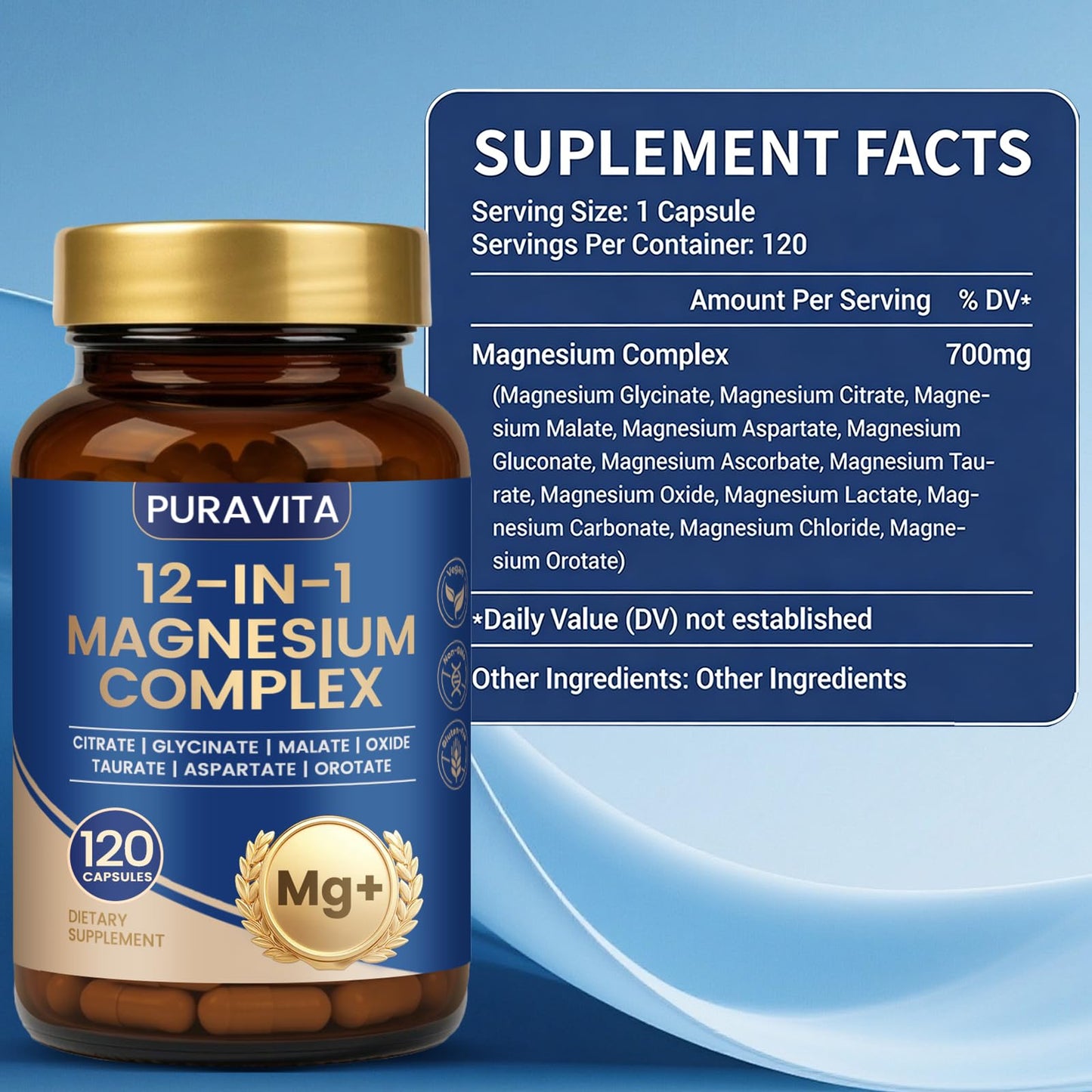 Puravita Magnesium Complex - Puravita 12 in 1 Magnesium Supplement with Glycinate, Citrate, Malate, Oxide, Taurat & More for Muscle, Nerve & Sleep Support, 120 Count - dailyvitalstore